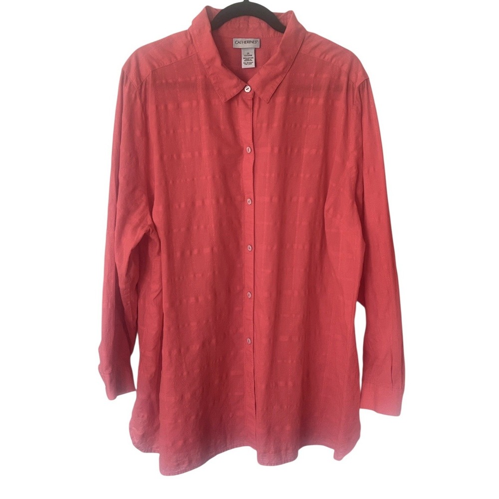 Catherine's Women's Button Up Blouse‎ 2X Cotton Long Sleeve Dobby Grid Coastal